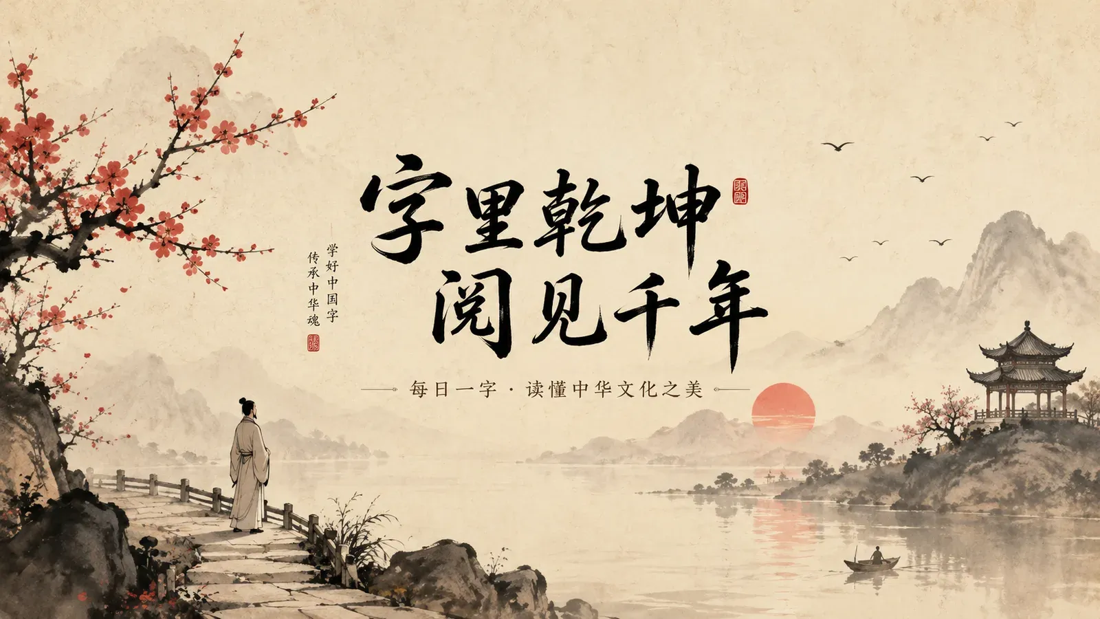 Chinese ink painting with calligraphy, illustrating how Chinese characters are built from components