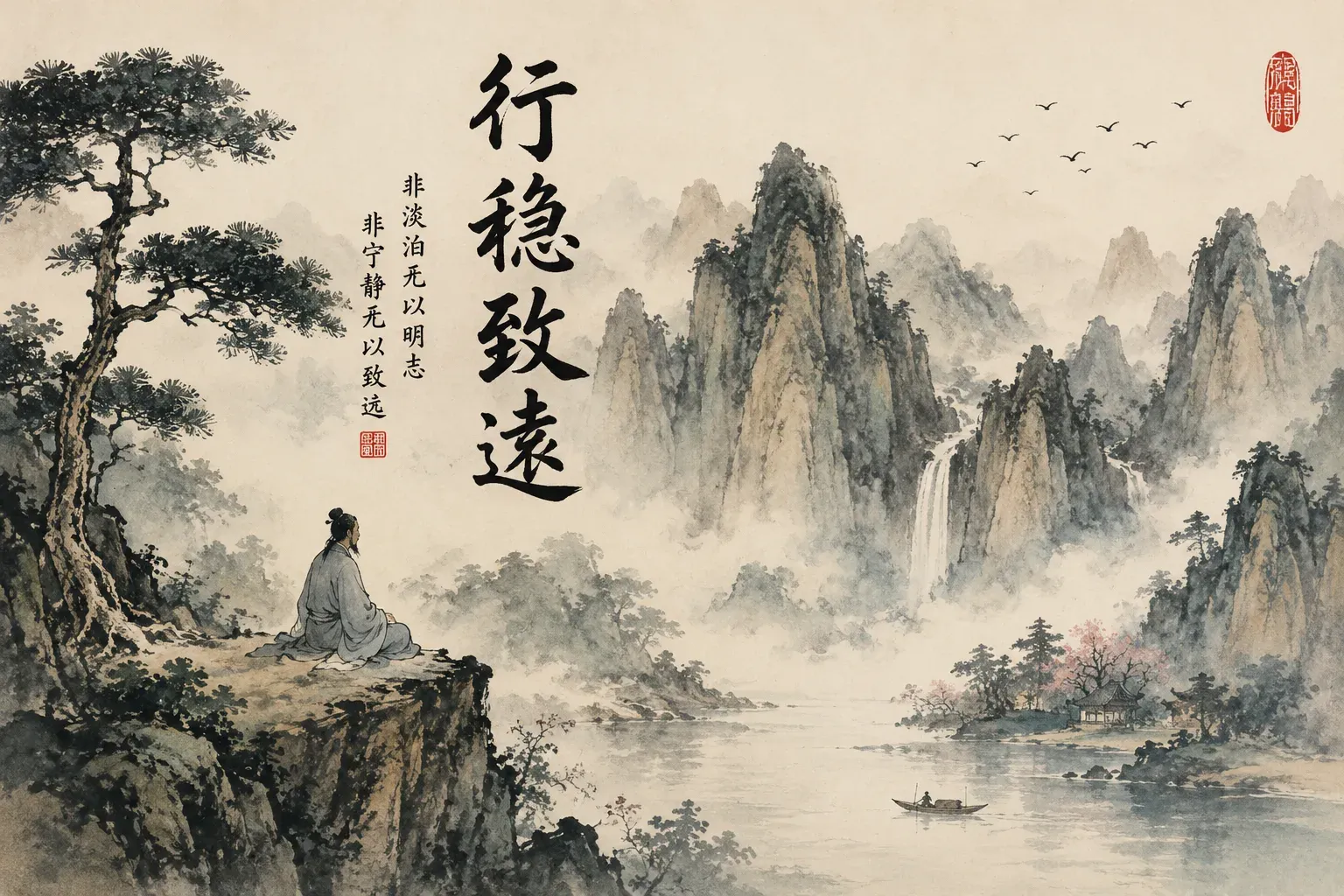 Chinese ink painting with calligraphy, illustrating spaced repetition for hanzi writing