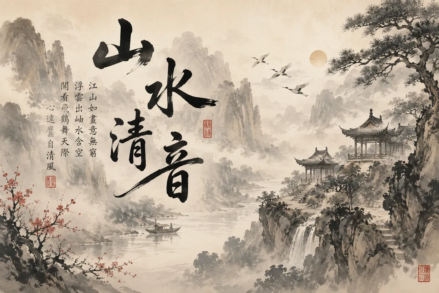 Ink-wash mountains and pavilions with cranes in flight under the calligraphy 山水清音, illustrating an app that checks stroke direction not just shape