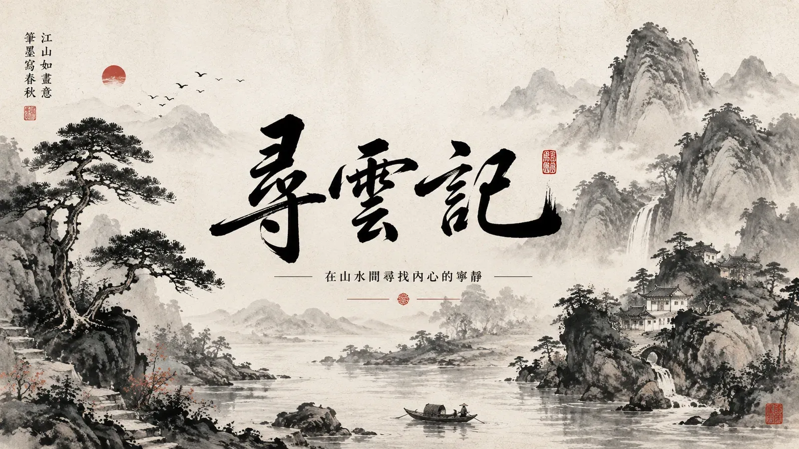 Misty ink-wash river valley with calligraphy 尋雲記 (seeking the clouds) and a lone boat, illustrating how offline stroke validation works